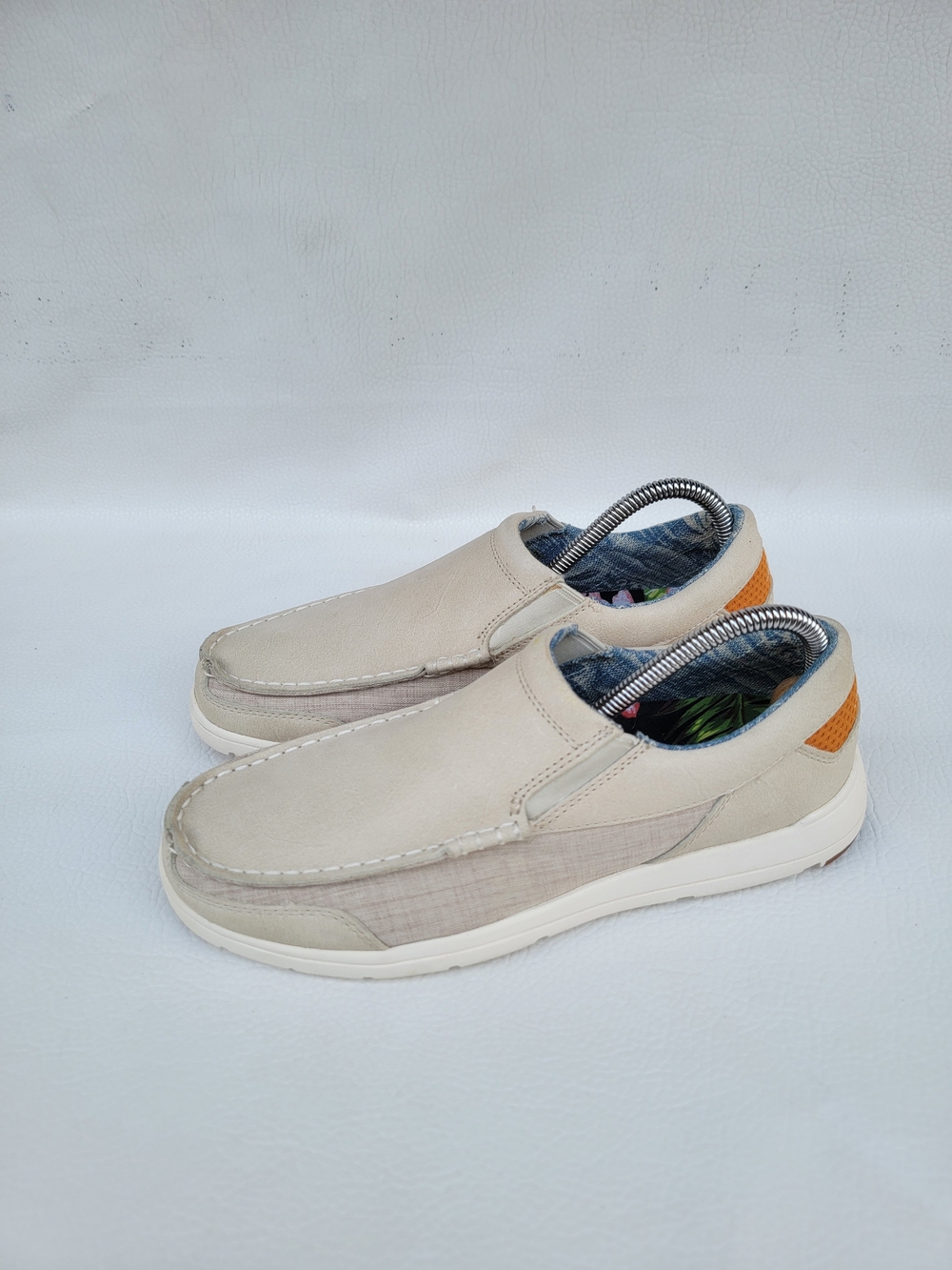 Tommy Bahama Beige Slip-On Loafers with Orange Heel Accent